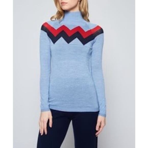 The L’ETOILE Chevron Mock Neck Sweater with Red, Light Blue, & Navy Size XS - Picture 2 of 4